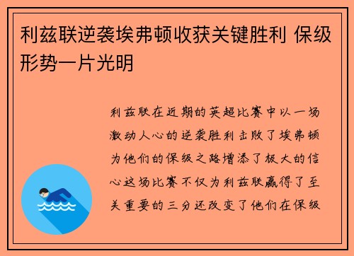 利兹联逆袭埃弗顿收获关键胜利 保级形势一片光明