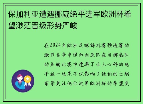 保加利亚遭遇挪威绝平进军欧洲杯希望渺茫晋级形势严峻