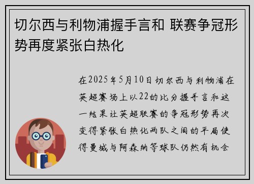 切尔西与利物浦握手言和 联赛争冠形势再度紧张白热化
